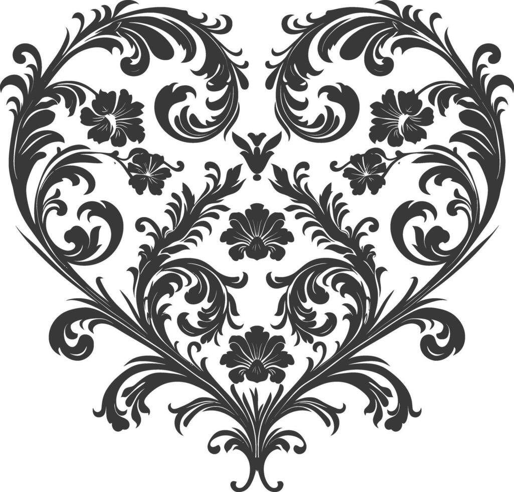 Silhouette Hearth shape Baroque ornament with filigree floral element black color only vector