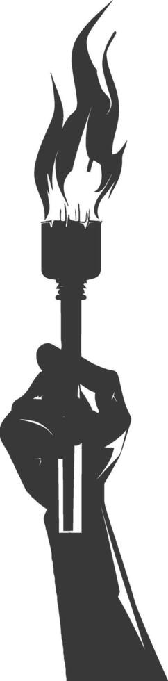 Silhouette hand holding burning torch black color only vector