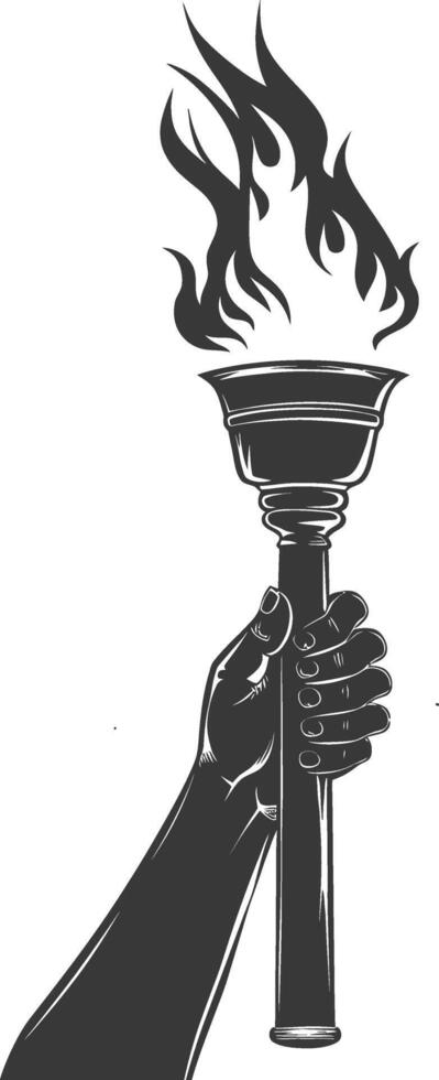 Silhouette hand holding burning torch black color only vector