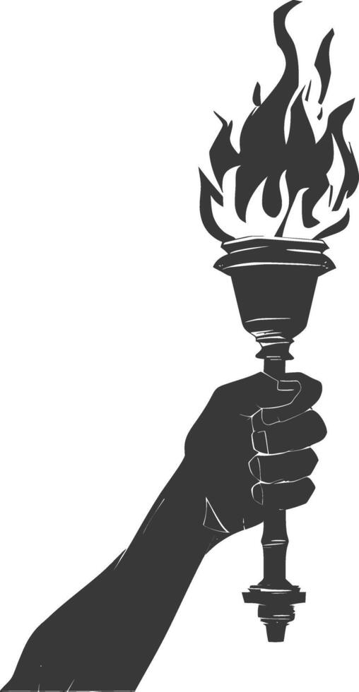 Silhouette hand holding burning torch black color only vector