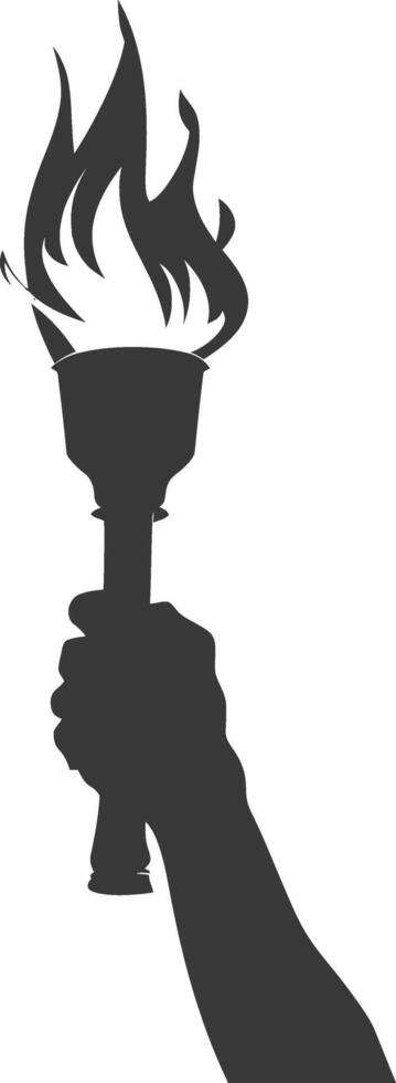 Silhouette hand holding burning torch black color only vector