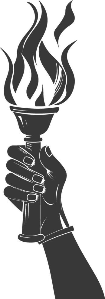 Silhouette hand holding burning torch black color only vector