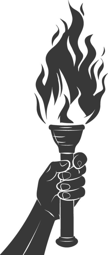 Silhouette hand holding burning torch black color only vector
