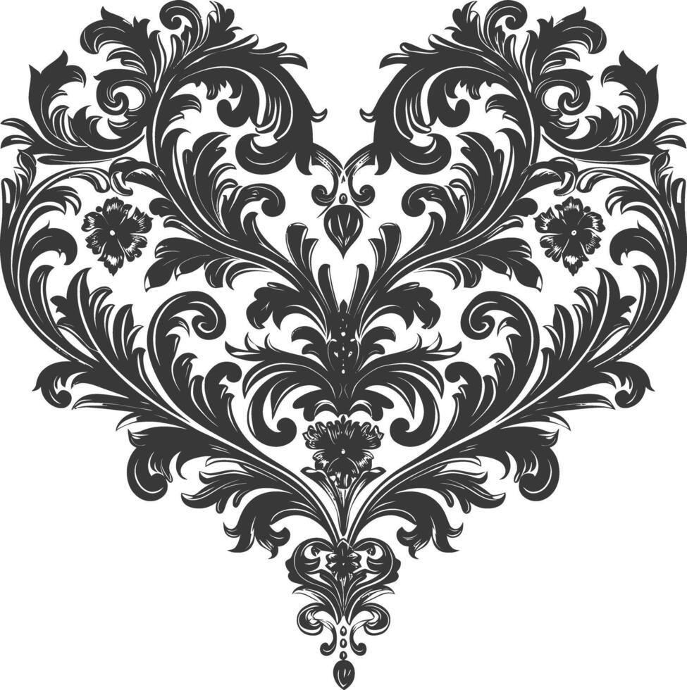 Silhouette Hearth shape Baroque ornament with filigree floral element black color only vector