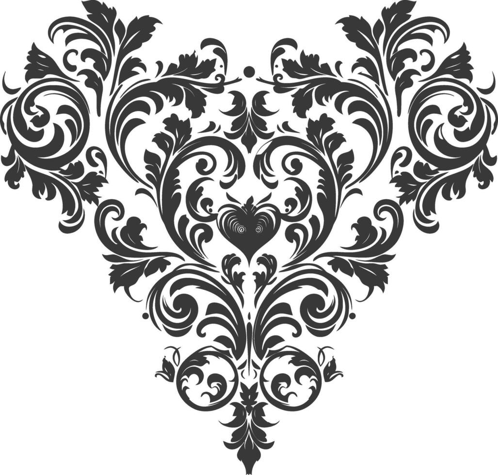 Silhouette Hearth shape Baroque ornament with filigree floral element black color only vector