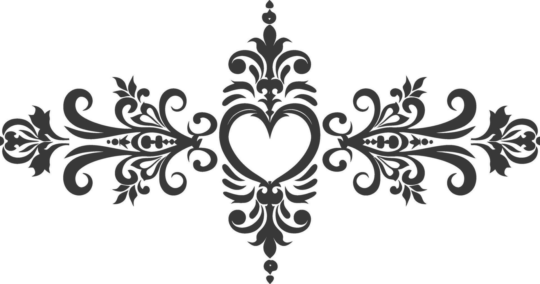 Silhouette horizontal line divider with Hearth shape ornament black color only vector