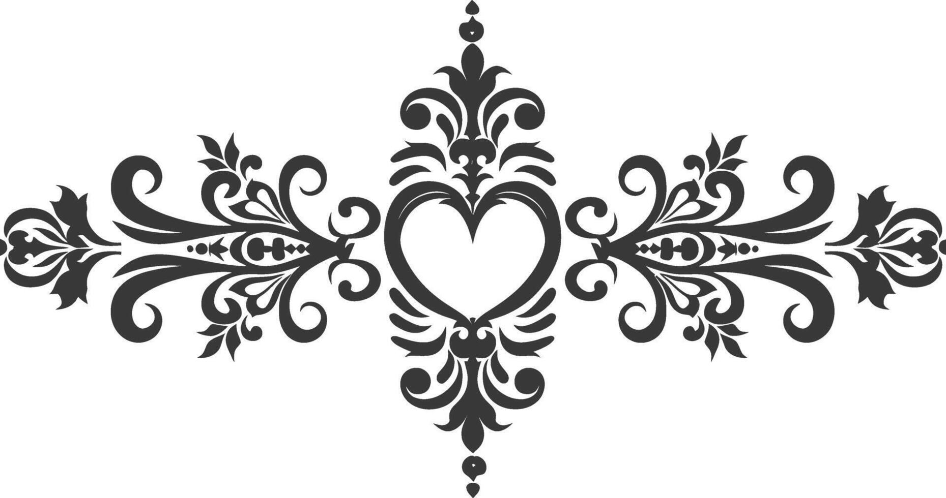 Silhouette horizontal line divider with Hearth shape ornament black color only vector