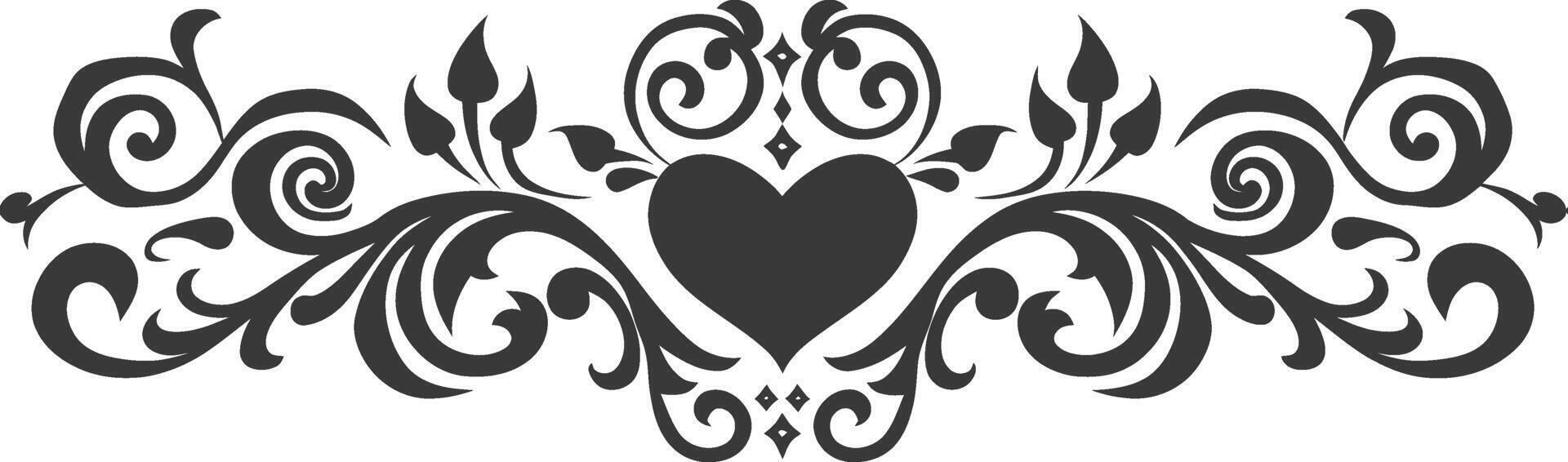 Silhouette horizontal line divider with Hearth shape ornament black color only vector