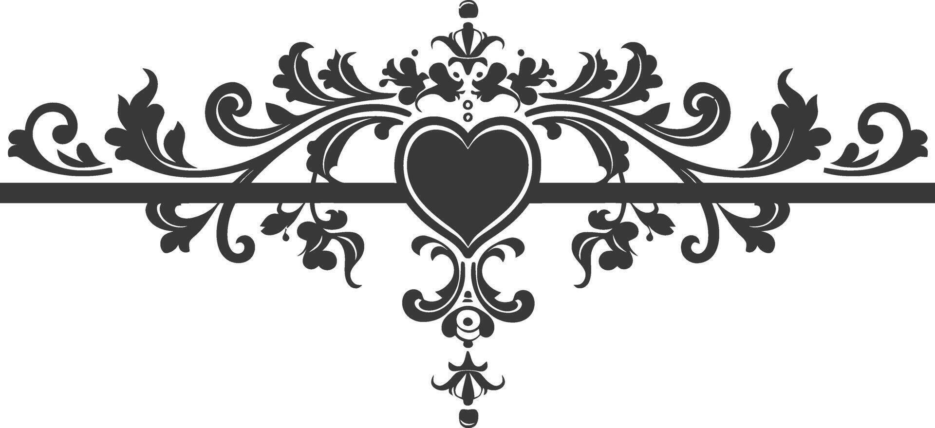 Silhouette horizontal line divider with Hearth shape ornament black color only vector