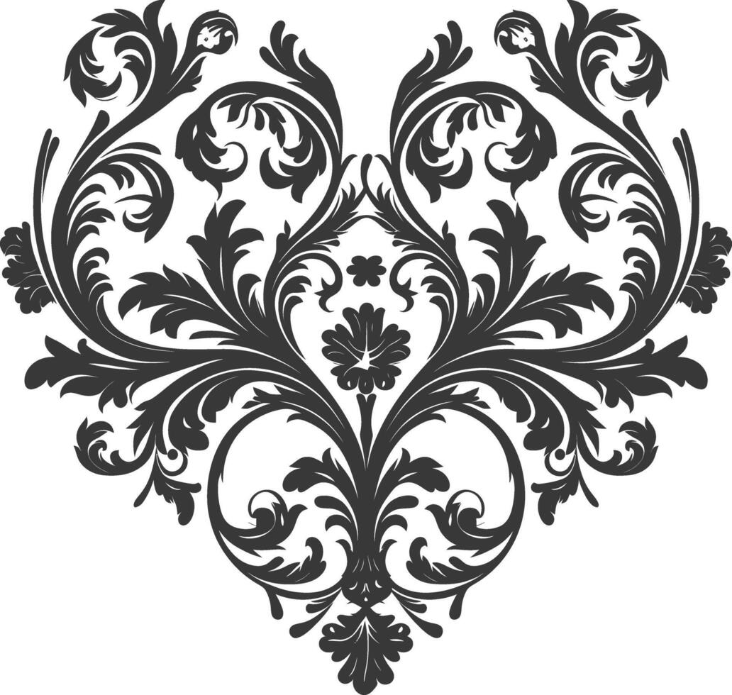Silhouette Hearth shape Baroque ornament with filigree floral element black color only vector
