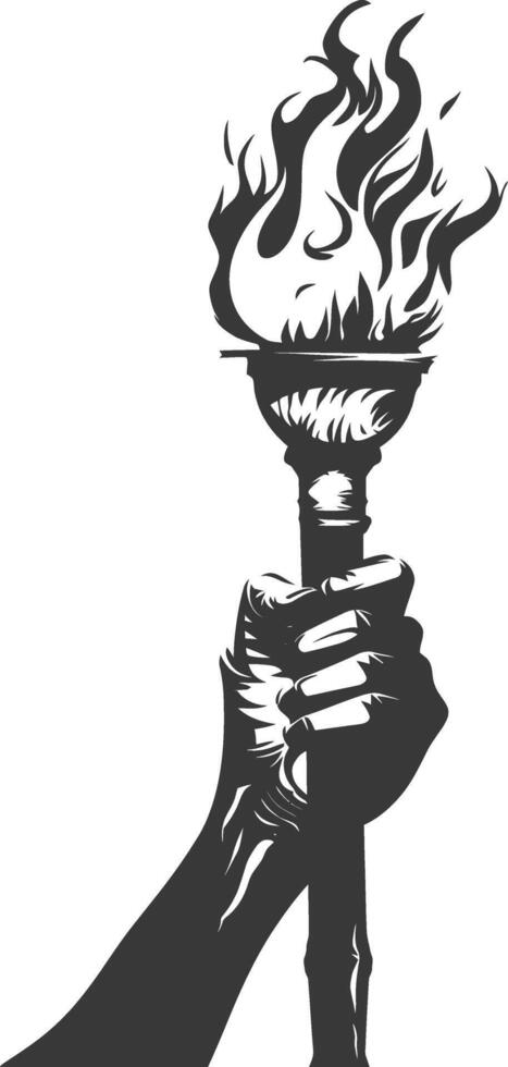 Silhouette hand holding burning torch black color only vector