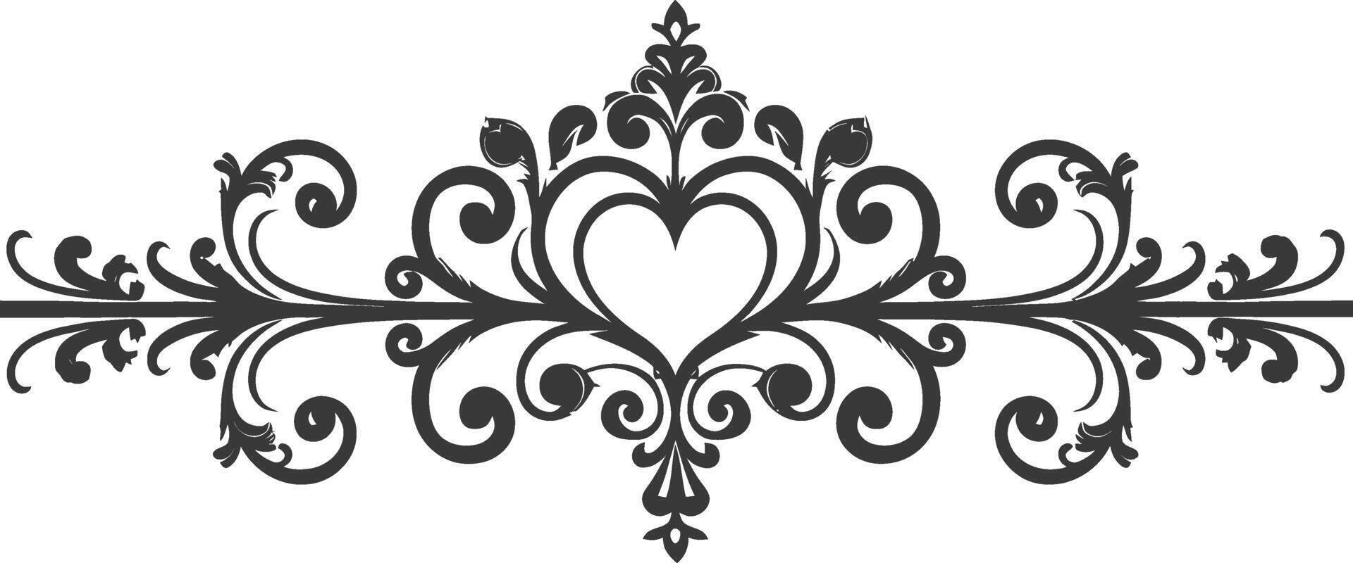 Silhouette horizontal line divider with Hearth shape ornament black color only vector