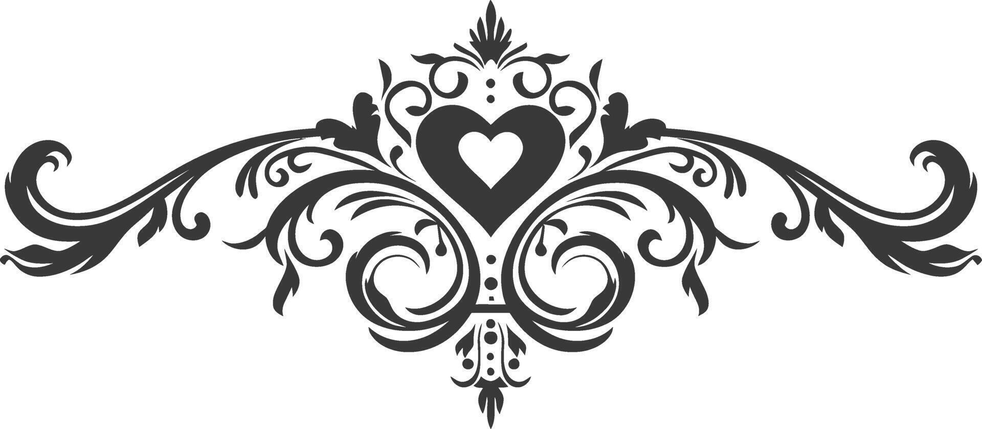 Silhouette horizontal line divider with Hearth shape ornament black color only vector