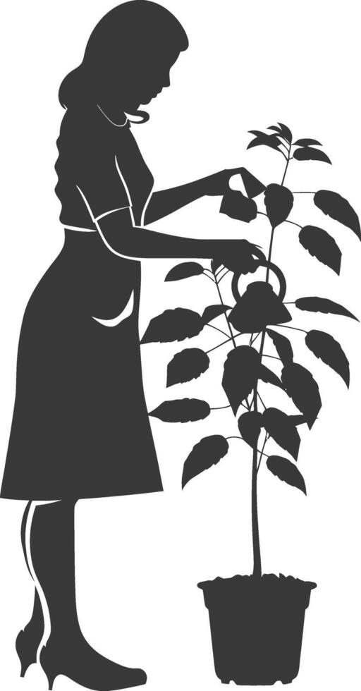Silhouette housewife watering plant full body black color only vector