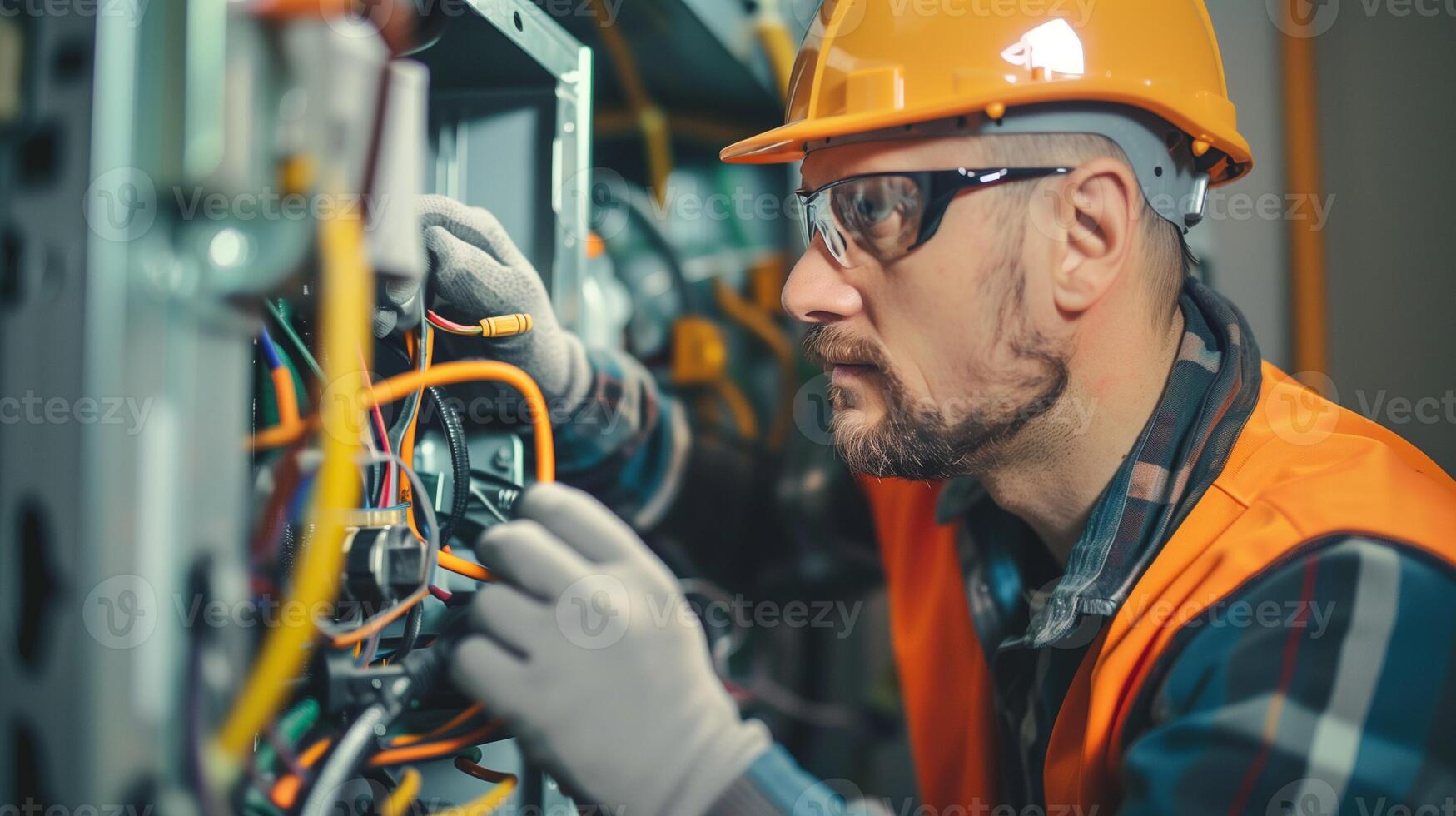 Focused electrician with safety helmet and glasses repairing complex control panel, related to Labor Day, industrial work, and workplace safety photo