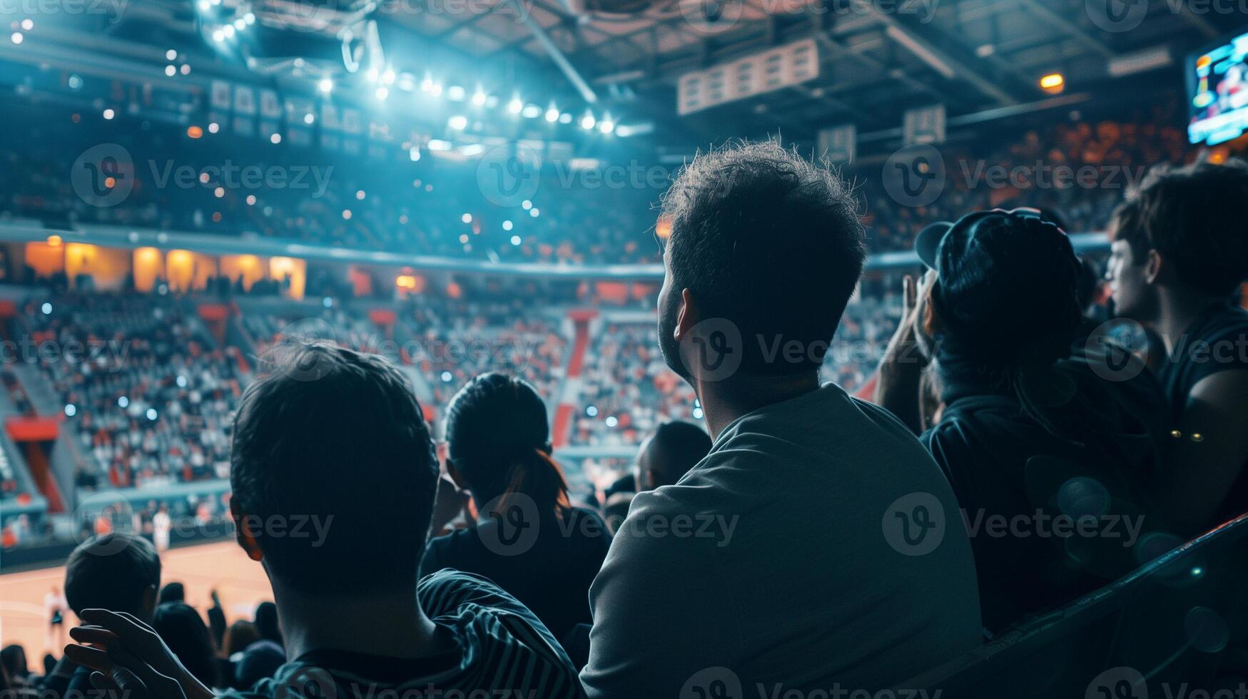 Back view of diverse spectators in an indoor sports arena focusing on a live basketball game, illustrating concepts of leisure, community, and sports events photo