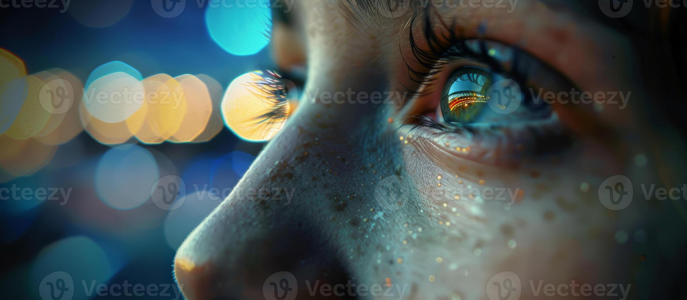 Close up of a persons eyes with sparkling bokeh lights reflecting, conveying concepts of wonder and the festive spirit of New Years Eve or Christmas photo