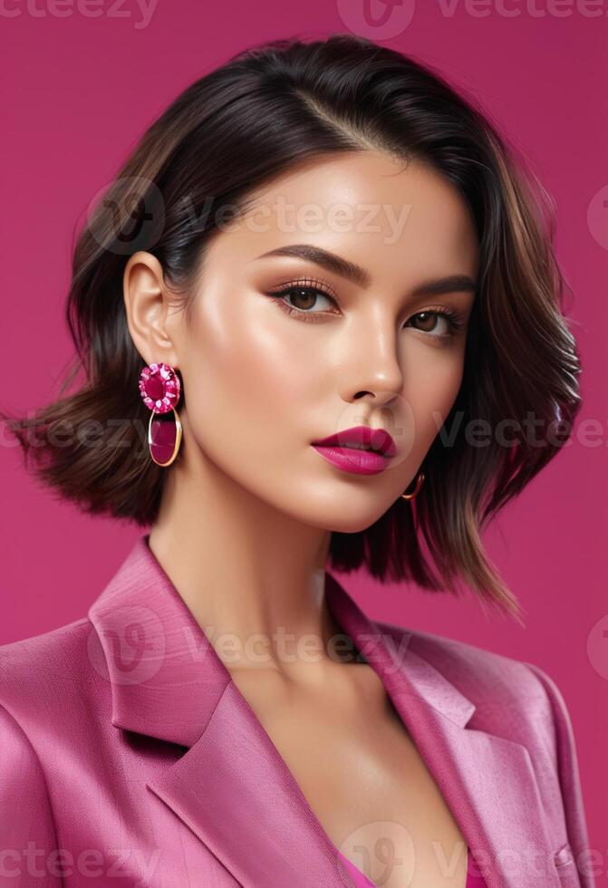 Elegant woman with pink lipstick and statement earrings posing on a pink background, ideal for beauty concepts and fashion editorials photo