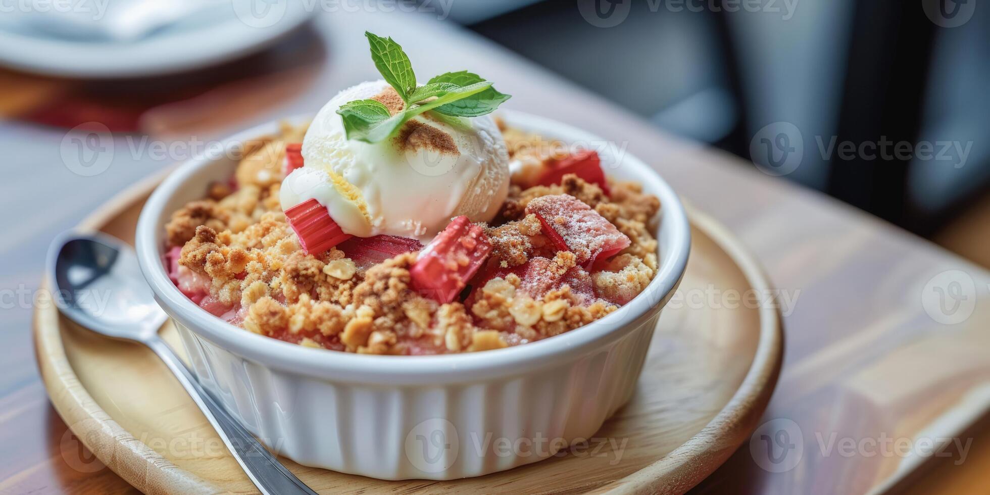 Gourmet rhubarb crumble topped with a scoop of vanilla ice cream and fresh mint, perfect for dessert menus and summer culinary events photo