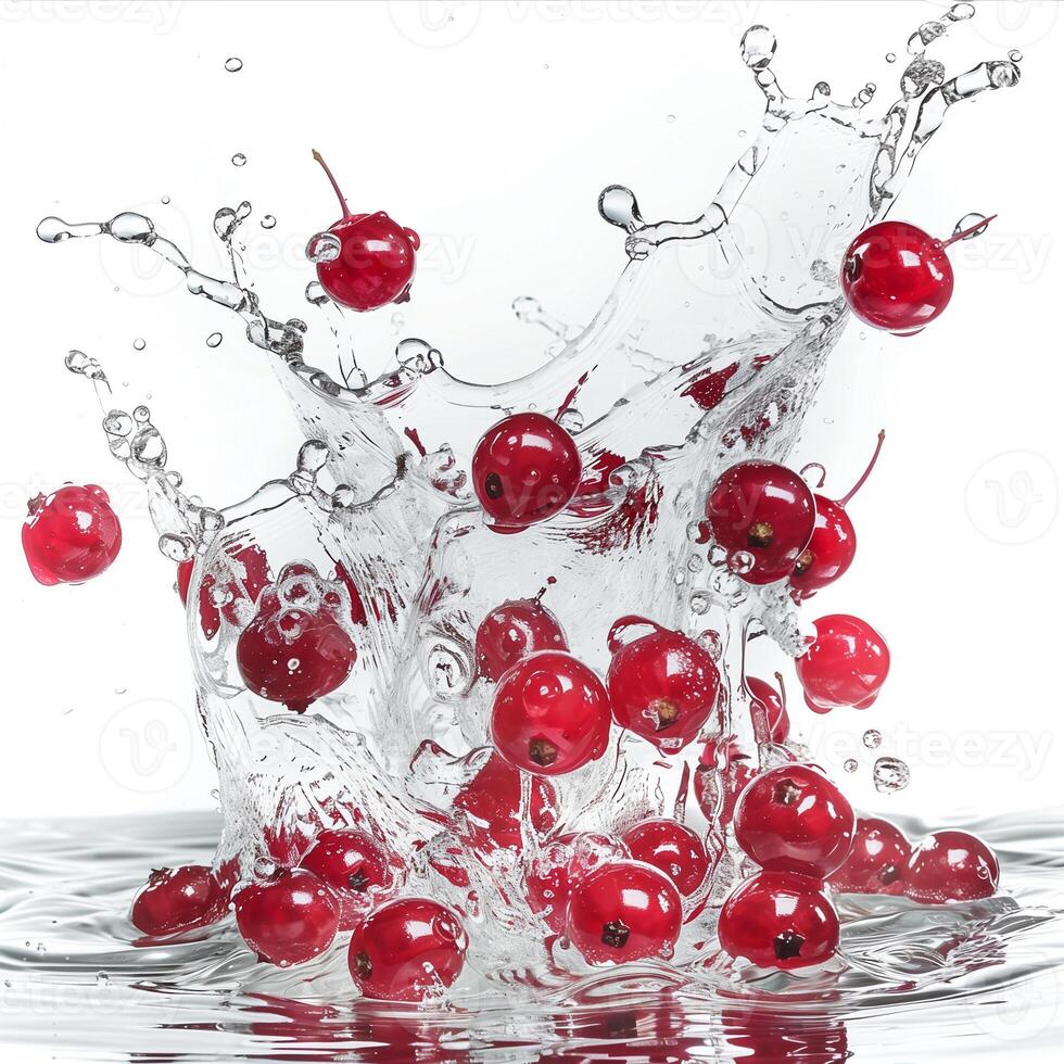 Fresh cherries splashing in water with dynamic droplets, ideal for food and beverage, summertime refreshment, or healthy eating concepts photo