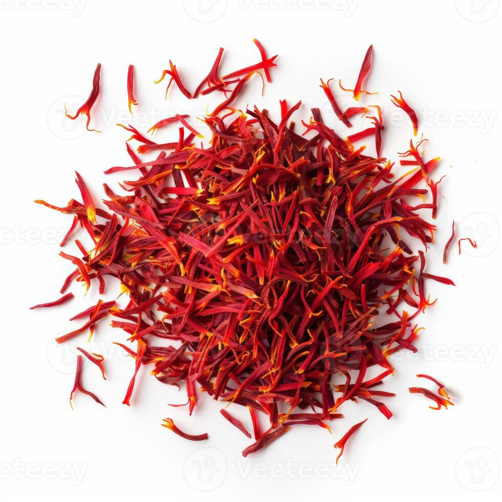 Top view of saffron threads scattered delicately, isolated on white background photo