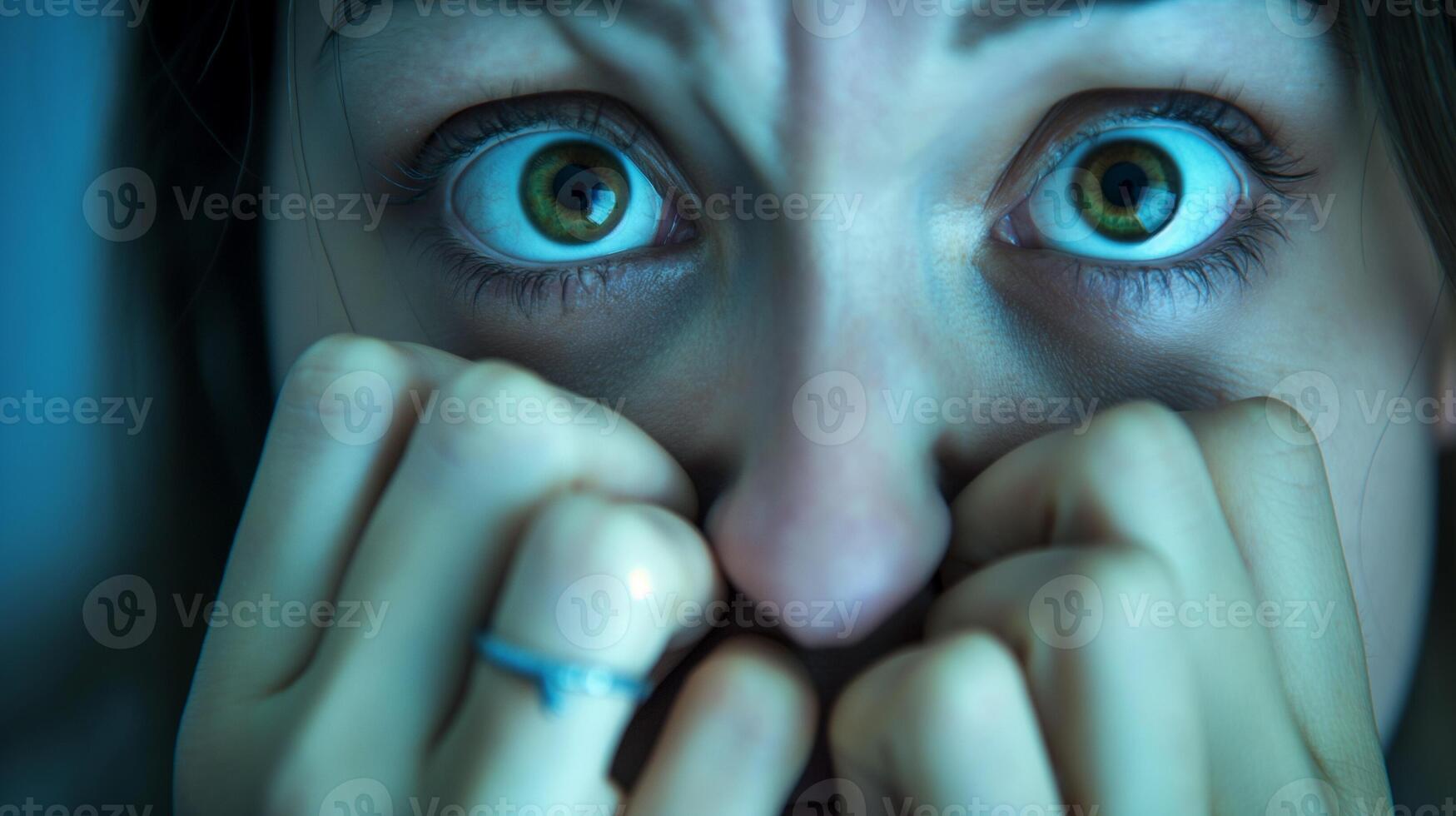 Close up of a frightened young Caucasian womans wide open eyes, suggesting horror, anxiety, and suspense, suitable for Halloween and psychological thriller themes photo