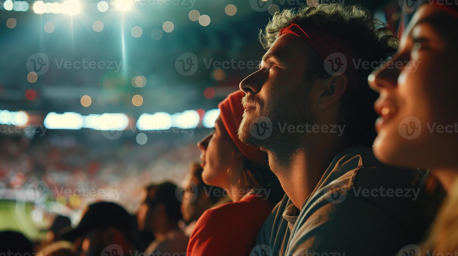 Fans in red headbands intently watching a nighttime sports event at a stadium, conveying excitement and anticipation, related to sporting events and fan culture photo