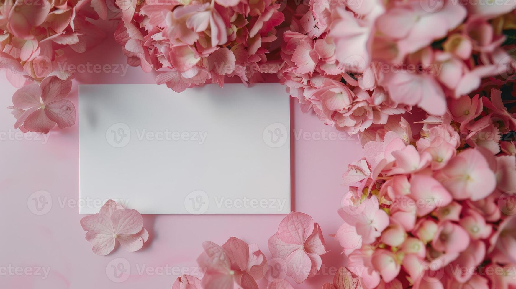 mockup of a white card beside pink hydrangea bouquet, soft pastel tones photo