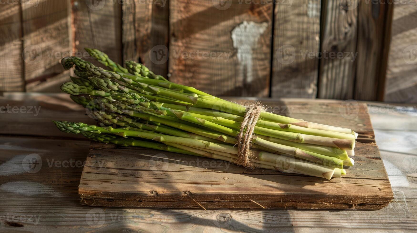 organic asparagus bundle on aged wood, morning light casts soft shadows photo