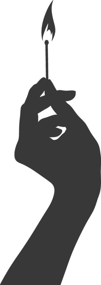 Silhouette hand holding burning match black color only vector
