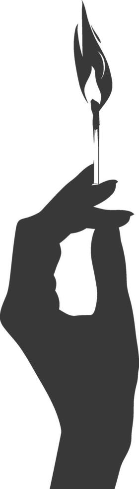 Silhouette hand holding burning match black color only vector