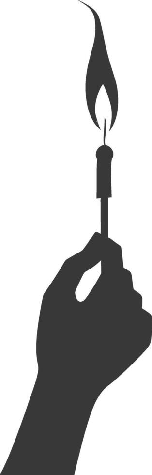 Silhouette hand holding burning match black color only vector