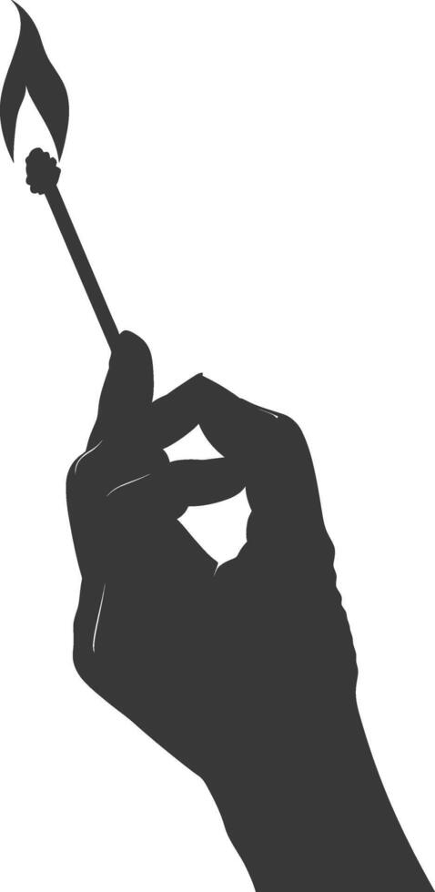 Silhouette hand holding burning match black color only vector