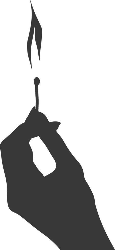 Silhouette hand holding burning match black color only vector