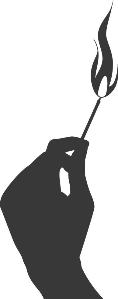 Silhouette hand holding burning match black color only vector