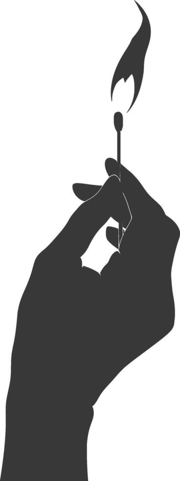 Silhouette hand holding burning match black color only vector