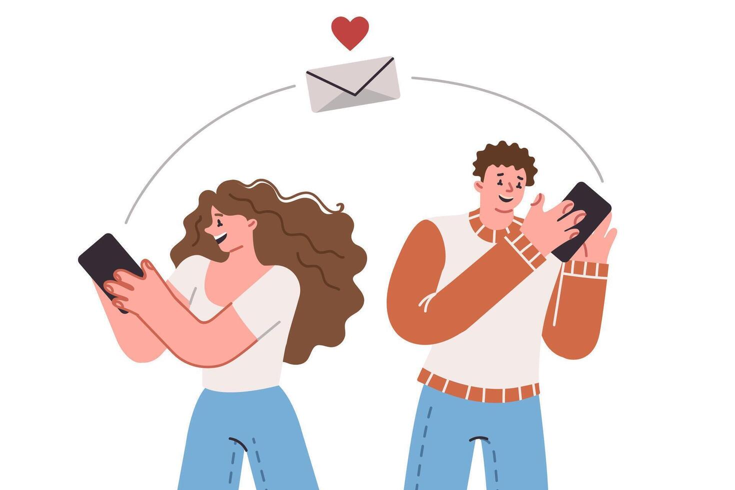 Online dating through mobile application on phones of man and woman chatting and flirting via sms vector