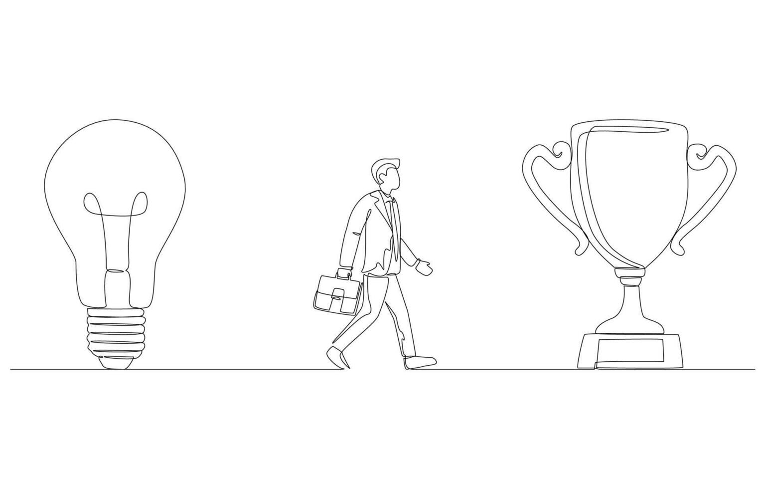Continuous one line drawing of businessman walking from light bulb to trophy, idea of success, vision for business victory concept, single line art. vector