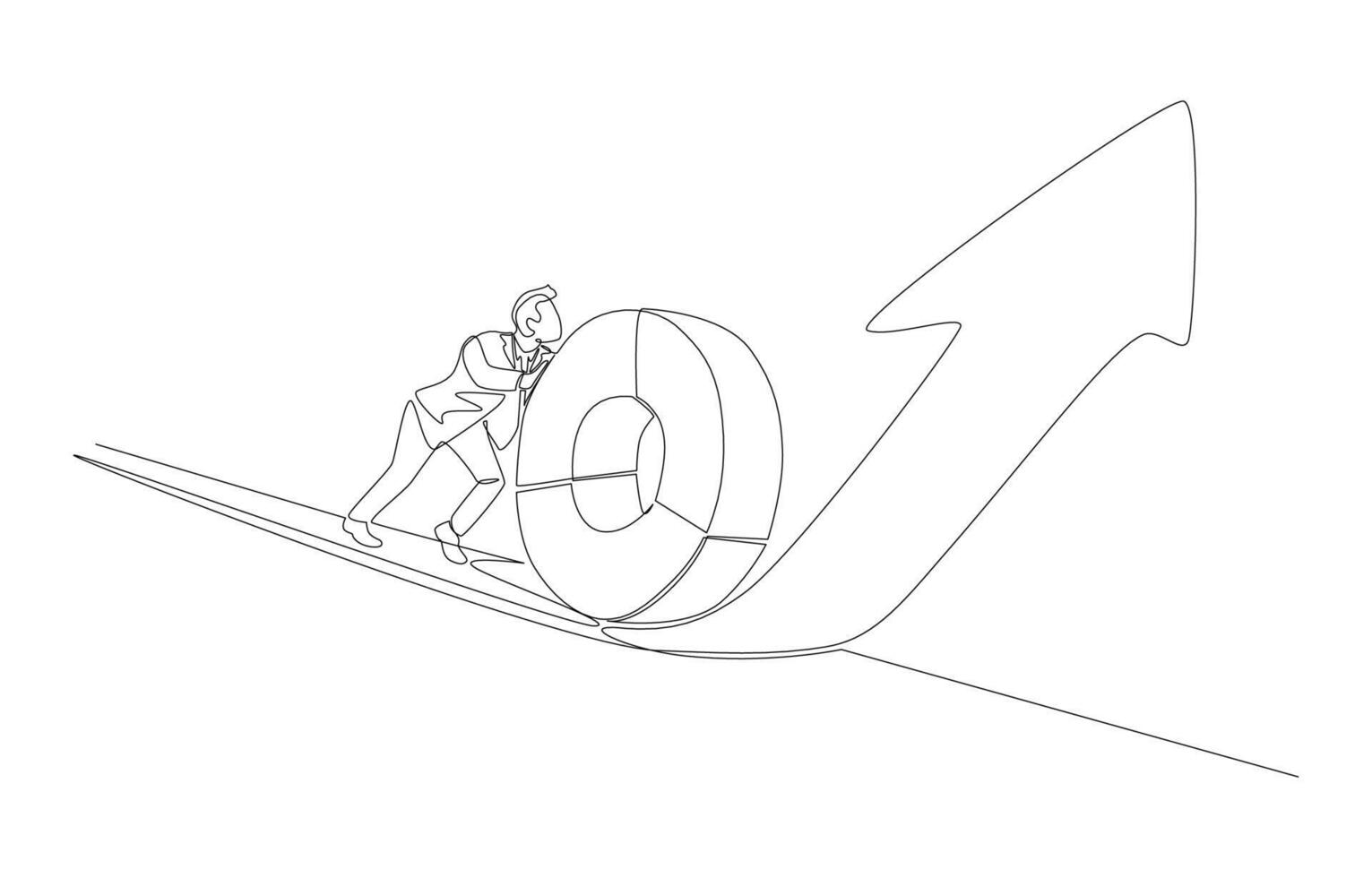 Continuous one line drawing of businessman pushing pie chart upwards along rising arrow, increasing performance or boosting productivity concept, single line art. vector