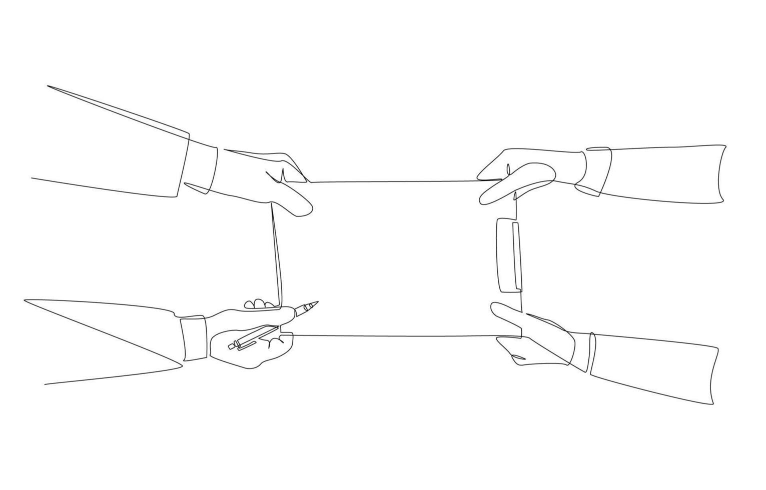 Continuous one line drawing of hands of employee handing document to manager for signature, work handover concept, single line art. vector