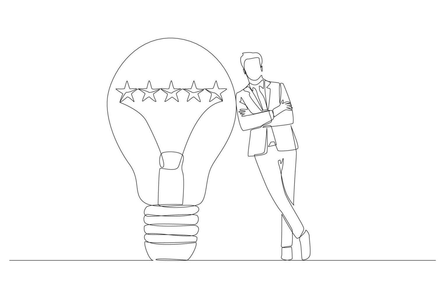 Continuous one line drawing of businessman leaning against light bulb with 5 stars inside, high quality creativity in work or business concept, single line art. vector