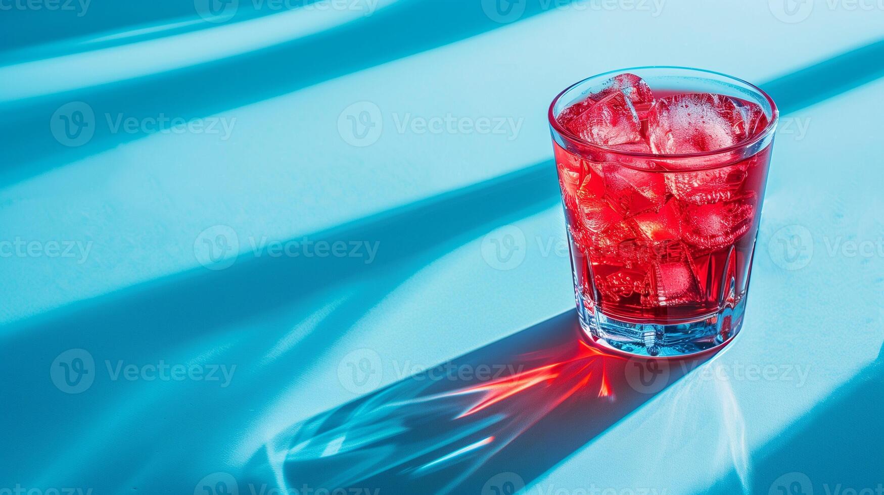 Refreshing iced beverage in a glass on a blue surface with dynamic shadows, ideal for concepts related to summer refreshments or cocktail hour photo