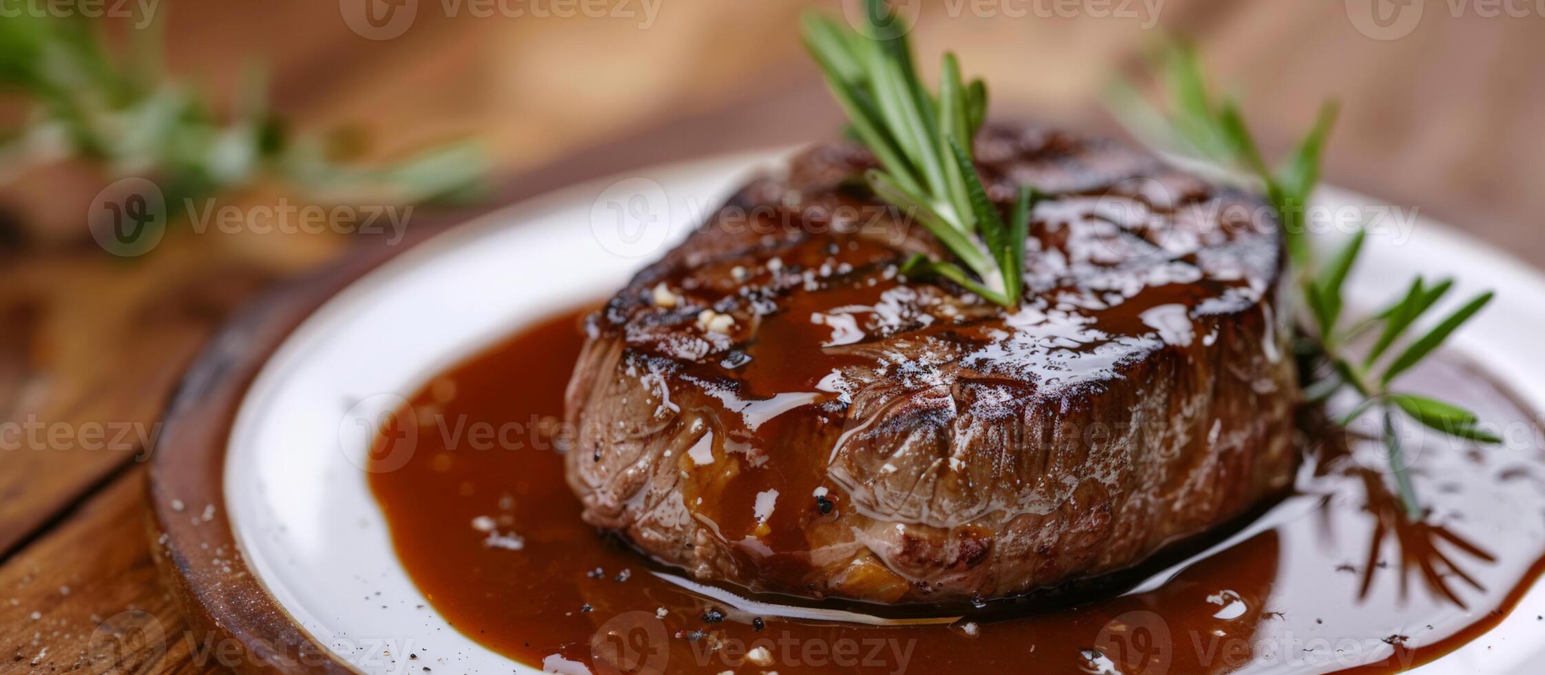 Juicy grilled steak garnished with rosemary and drizzled with sauce on a white plate, ideal for culinary websites or Fathers Day promotions photo