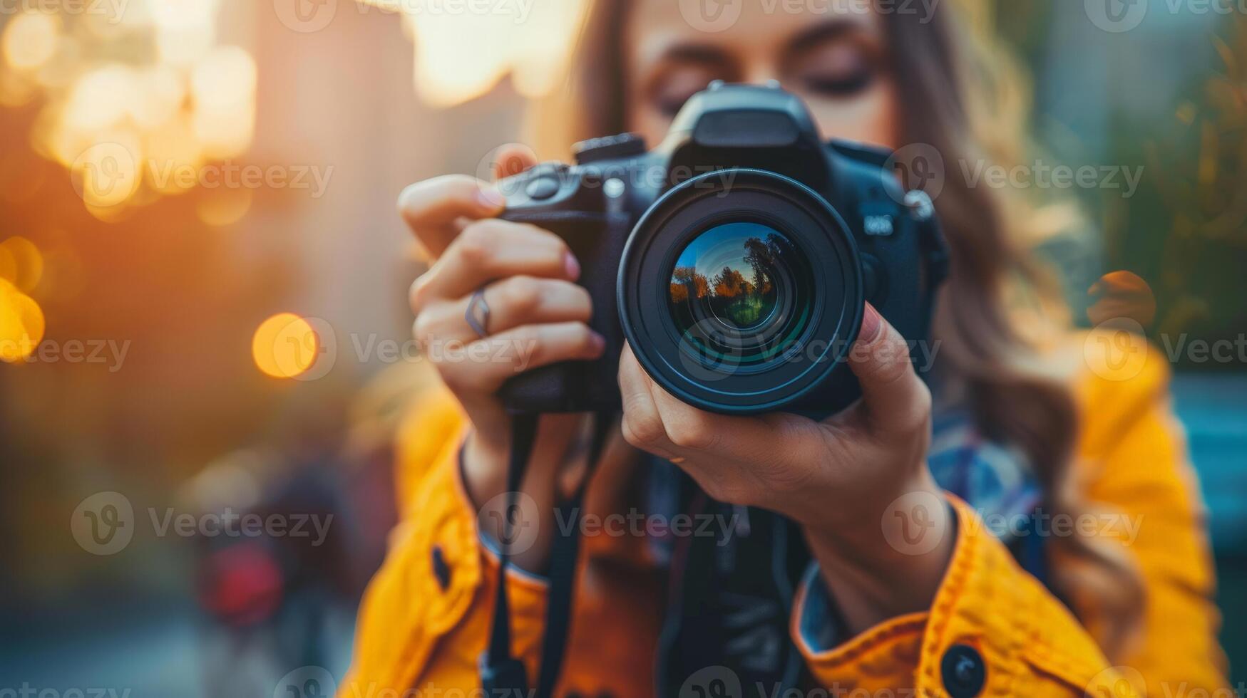 Female photographer capturing vibrant autumnal scenes with a DSLR camera, bokeh effect and golden hour lighting, related to World Photography Day photo