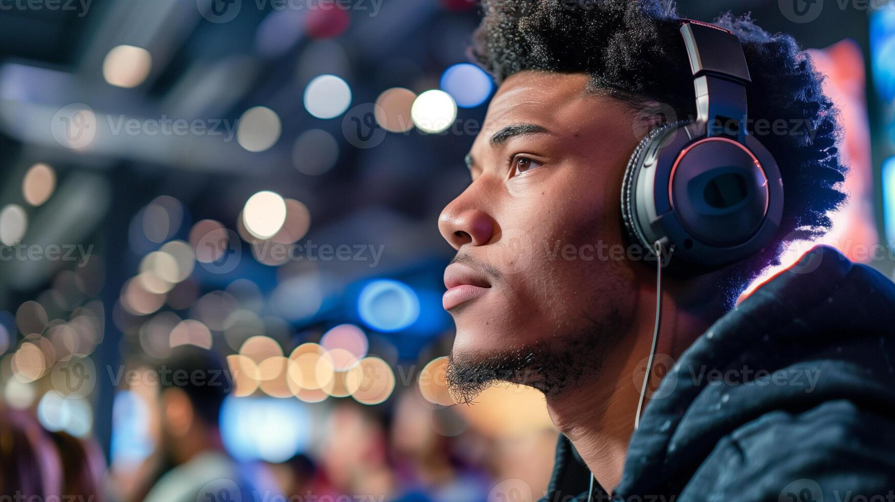 Young African American man wearing headphones, lost in thought amidst vibrant city lights, capturing modern lifestyle and technology ideal for World Music Day photo