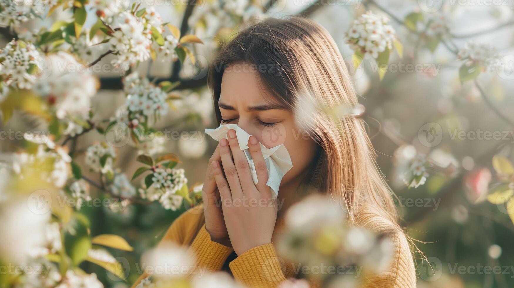 Stock photo style, young woman sneezing into a tissue surrounded by blooming flowers concept of spring allergies