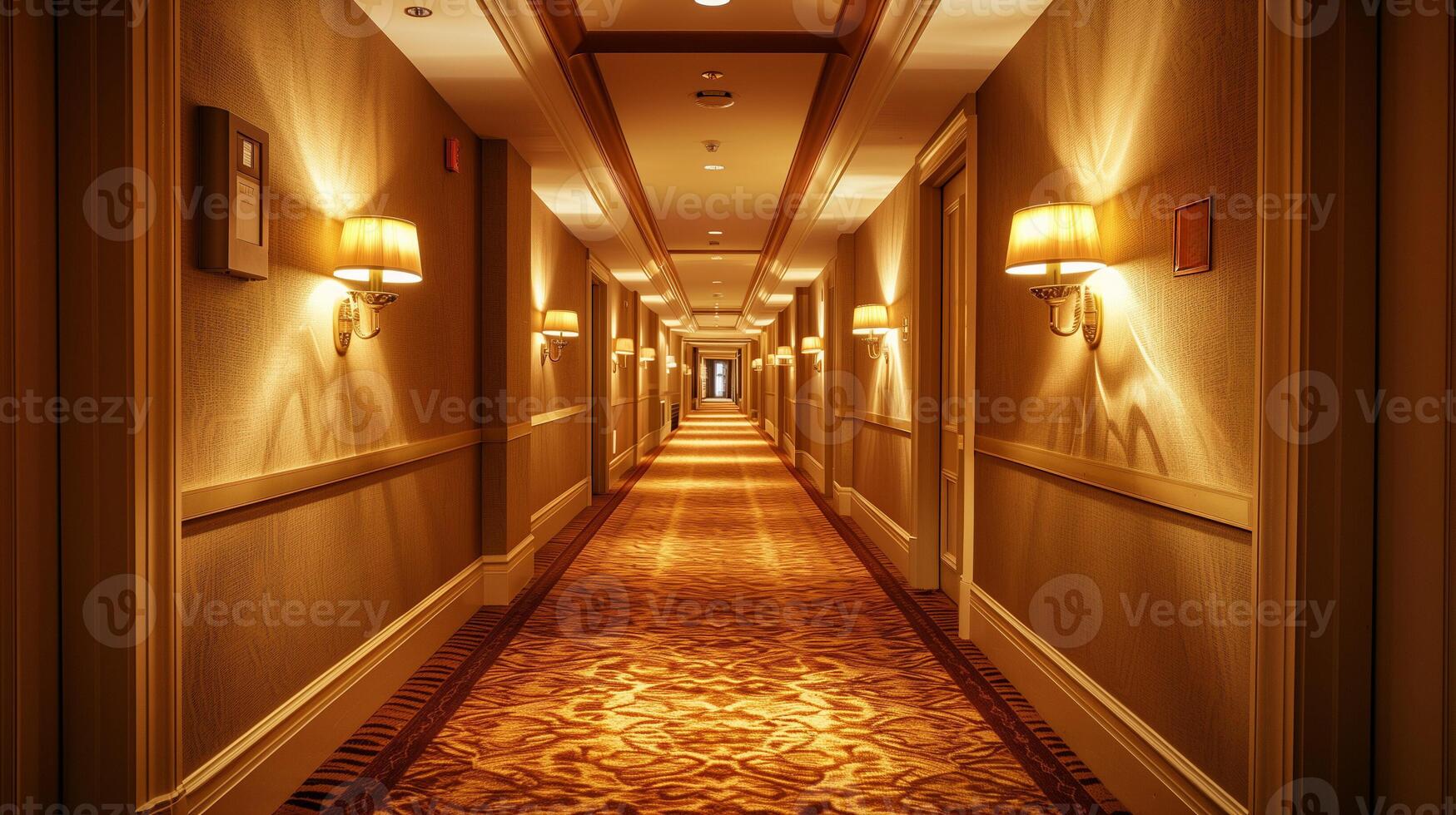 Symmetrical view of an elegant hotel corridor with patterned carpet and warm wall sconces, ideal for hospitality and travel related themes photo