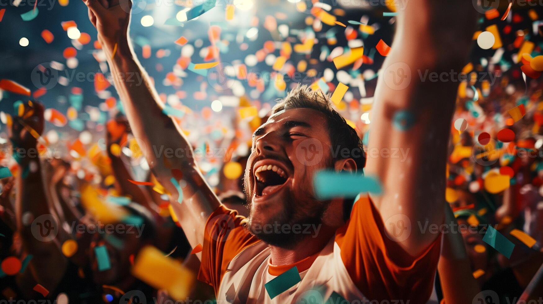 Joyful young man celebrating with raised arms in a colorful confetti rain at a festive event, evoking feelings of happiness and victory, possibly New Years Eve or a sports victory photo