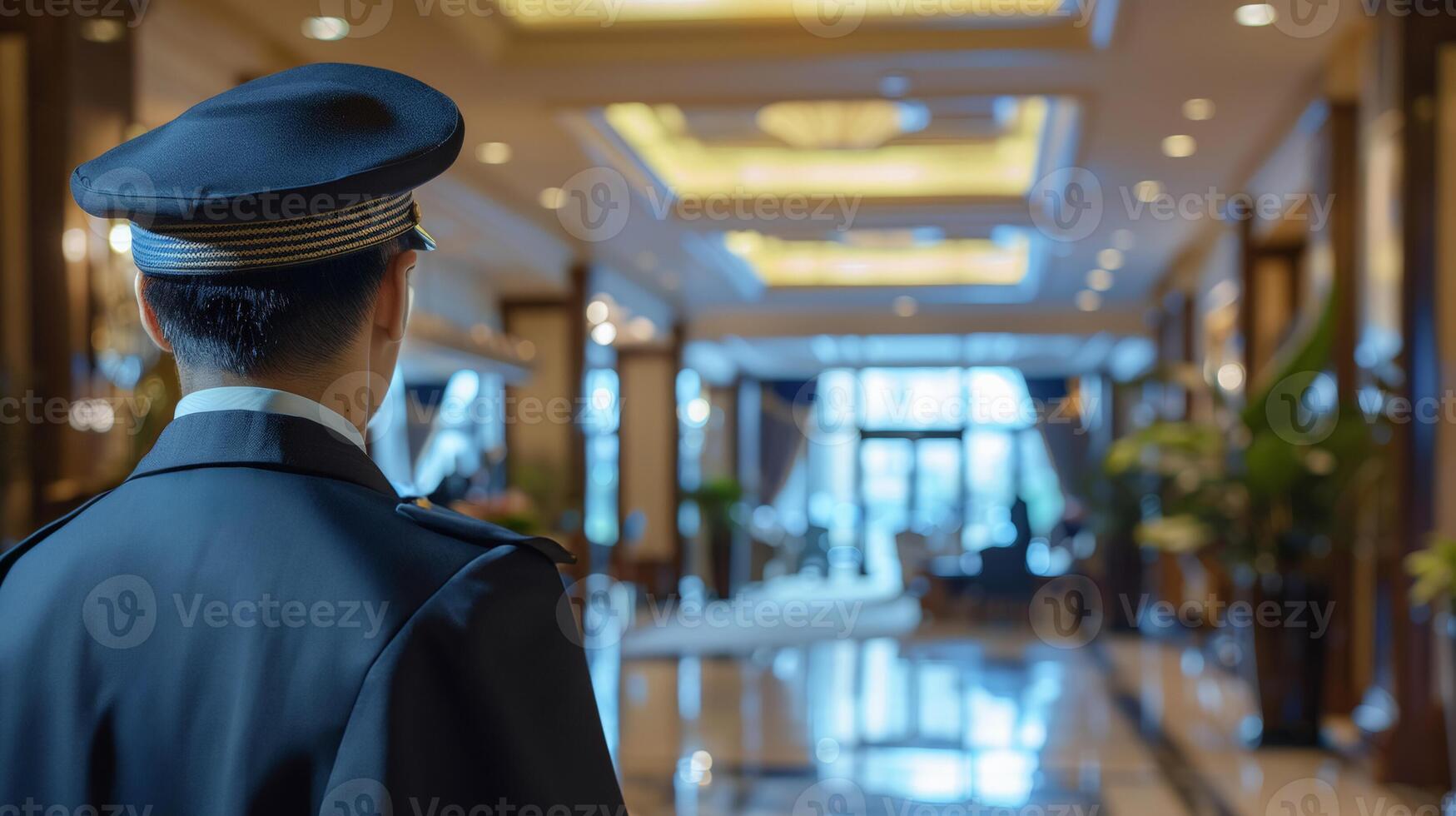 Uniformed hotel doorman awaiting guests in a luxury lobby, evoking concepts of hospitality, service industry, and travel accommodations photo