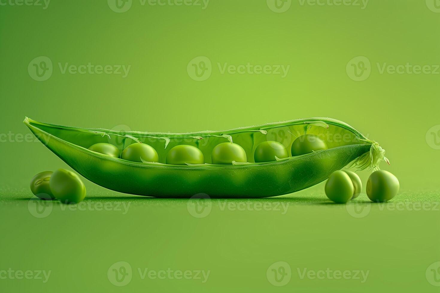 fresh peas in the pod close up isolated on a green gradient background photo